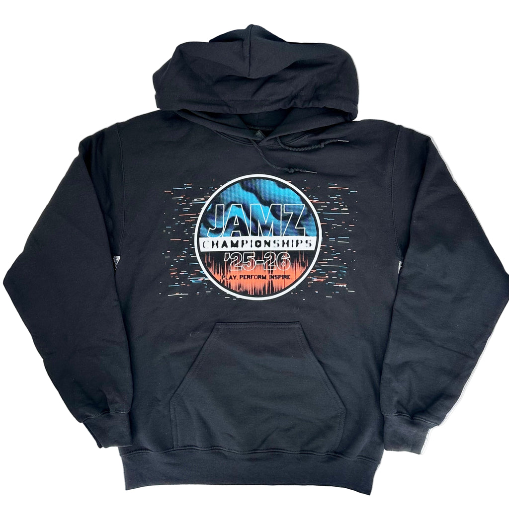 Black hoodie with 'JAMZ Championships' graphic on a reflective surface